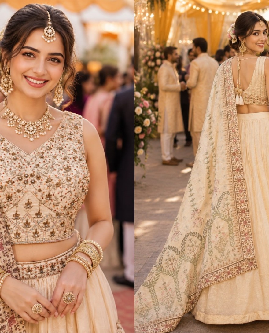 CREAM - Cream Tissue Lehenga Choli with Embroidered and Zari Work